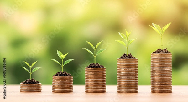 Fototapeta Ascending stacks of coins topped with green seedlings on wooden surface. Financial growth and investment concept with increasing money piles. Sustainable wealth building with natural elements.