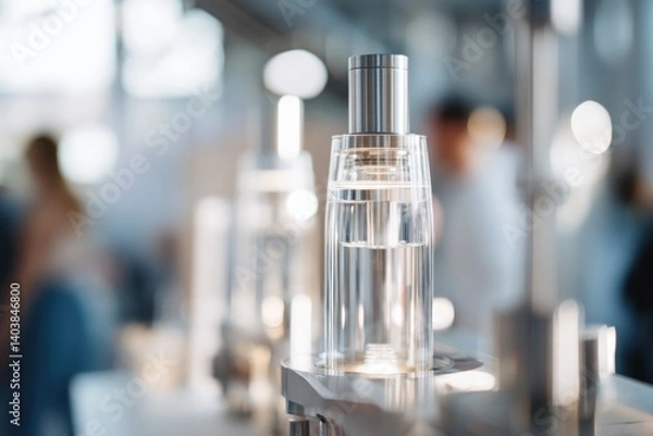 Fototapeta minimalistic scene featuring advanced water filtration technologies in focus with blurred background showcasing people