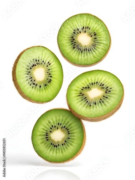 Obraz Five Slices of Fresh Kiwi Fruit Floating on White Background
