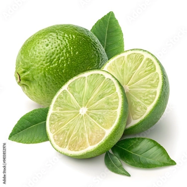 Obraz Fresh Limes Whole and Halved, with Leaves - High-Resolution Image