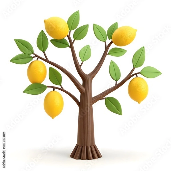 Obraz 3D Rendered Stylized Lemon Tree Illustration Vibrant Yellow Lemons on Lush Green Branches