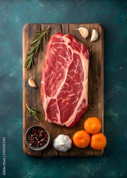 Obraz Raw Beef Steak on Wooden Cutting Board with Herbs and Spices