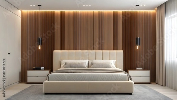 Obraz Modern Bedroom Interior Design Elegant Wood Paneling and Minimalist Decor