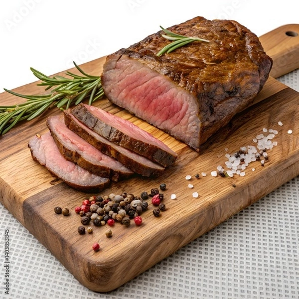 Obraz Juicy Sliced Beef Steak on Rustic Wooden Board Upscaled Photo