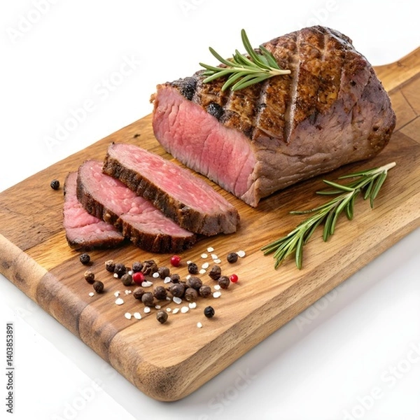 Obraz Juicy Sliced Beef Steak on Rustic Wooden Board