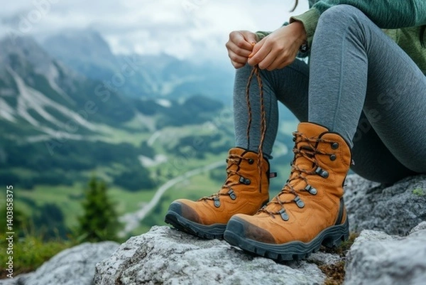 Fototapeta Hiker lady tying boot laces sitting on rock, high in the mountains with beautiful view, free space, Generative AI