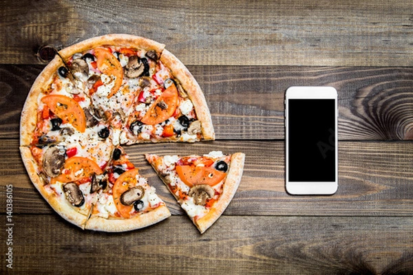 Fototapeta Pizza, Italian food delivery, call or order online on mobile, cellular, smart phone.
