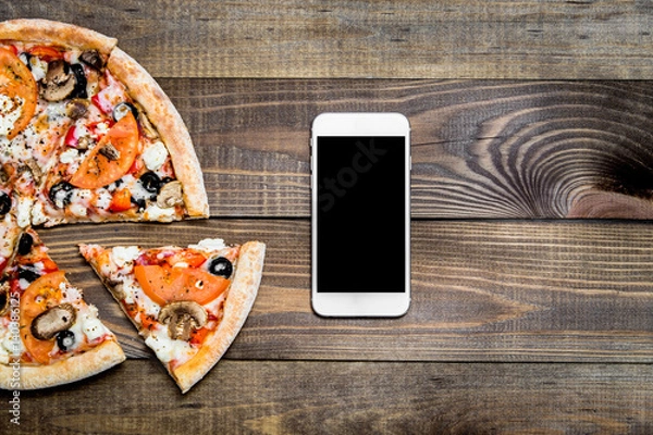 Fototapeta Pizza, Italian food delivery, call or order online on mobile, cellular, smart phone.