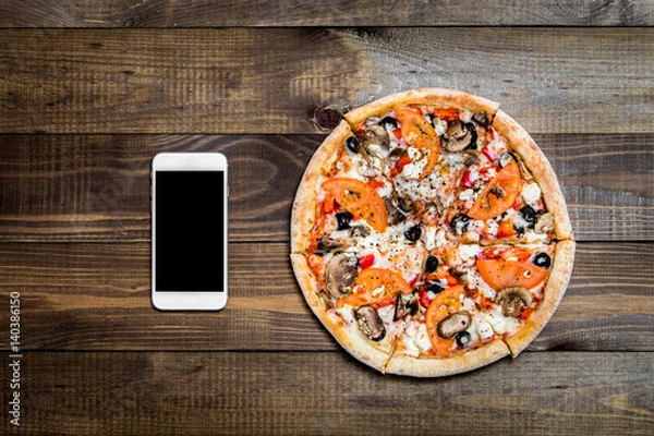 Fototapeta Pizza, Italian food delivery, call or order online on mobile, cellular, smart phone.