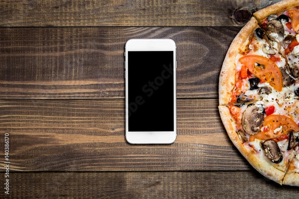 Fototapeta Pizza, Italian food delivery, call or order online on mobile, cellular, smart phone.