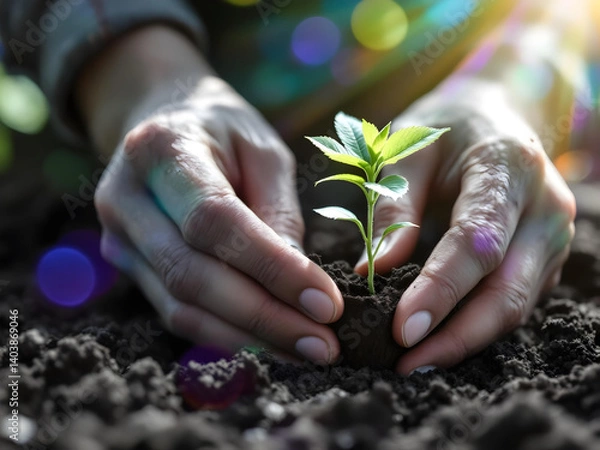 Fototapeta Close-up of hands planting a small tree in soil. Perfect for environmental, sustainability, and growth-related projects create with ai