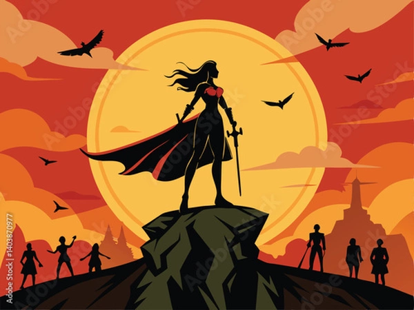 Fototapeta Silhouette of a female warrior standing tall on a cliff edge, cape flowing in the wind, body marked with battle scars