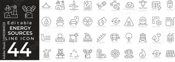 Fototapeta Energy Source icon set in modern line style. Includes symbols for renewable energy, solar power, electricity, eco-friendly solutions, factory production, and sustainable technology. Editable s