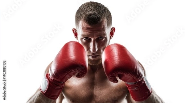 Fototapeta Fighter Training in Red Boxing Gloves with Intense Stare on White