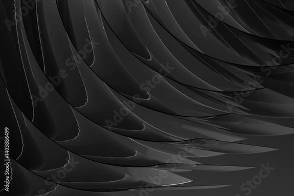 Fototapeta Contemporary abstract black background, pattern - thin curved black glass stripes, layered, reflection, dark gradient color. 3D rendering. Geometric minimalist design with energy, dynamic, rich vibe.