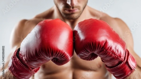 Fototapeta Boxer Posing with Red Boxing Gloves Showing Athletic Muscular Physique