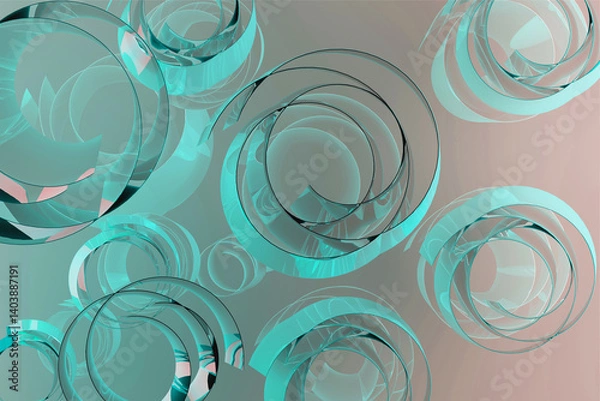 Obraz Abstract pastel background - pattern of bubbles, curls, circles of light soft mint green, pink glossy metallic plastic with dynamic, contemporary, vibe for business, science, medicine. 3D rendering.