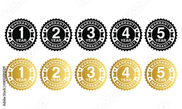 Obraz 1, 2, 3 and 5 year warranty logo set in golden color vector illustration. One, two, three and five year Warranty labels, stamp designs in golden and black color. Set of golden warranty vector template