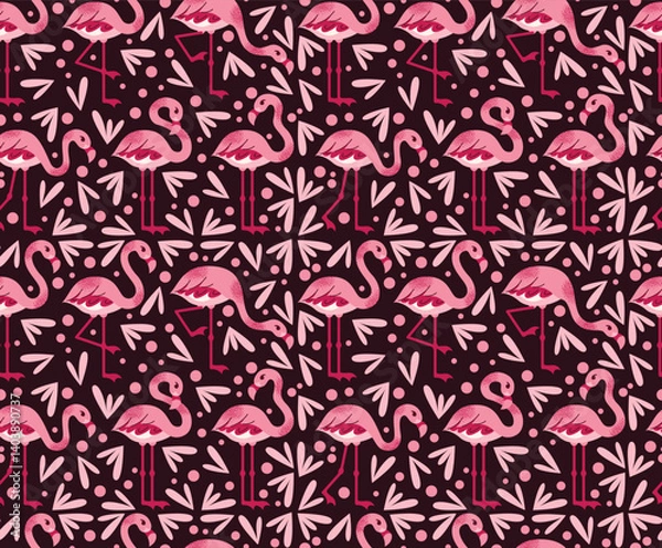 Obraz Seamless pattern with stylized pink flamingos in various poses. Flat vector cartoon illustration isolated on dark background. Tropical bird. Summer and exotic nature concept.
