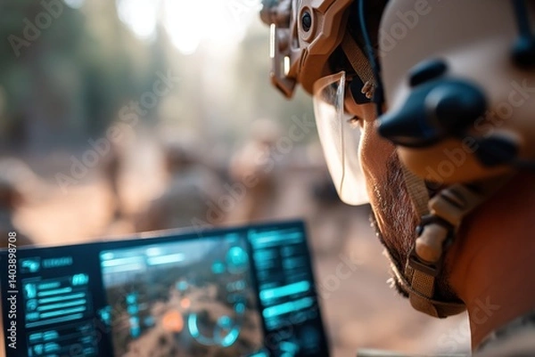 Fototapeta AI operator analyzes data in a military training scenario under natural lighting conditions