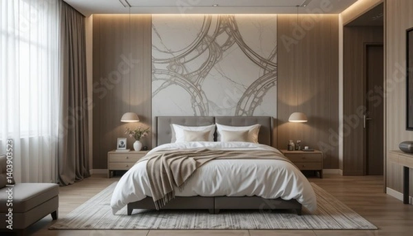 Fototapeta Modern and Elegant Bedroom Design with Minimalist Decor and Soft Natural Lighting