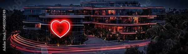 Fototapeta A large glowing heart sits in front of modern buildings at night
