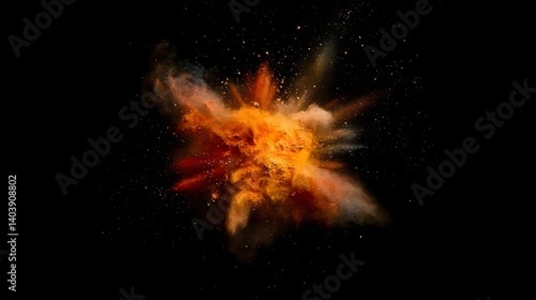 Fototapeta Explosion of vibrant colored powder in dark space, captured in mid-air for dramatic visual effect.
