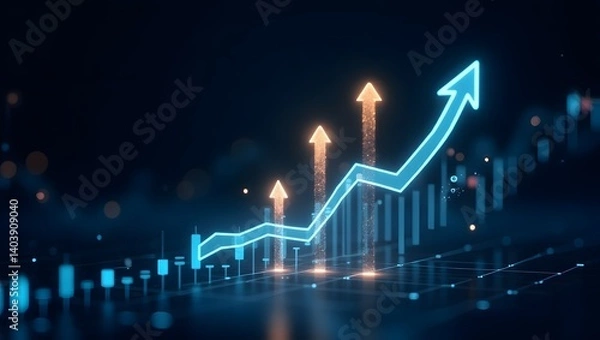 Fototapeta Digital Financial Growth Chart with Glowing Blue Upward Trend Line and Orange Arrows on Futuristic Tech Grid for Data Analytics and Market Success