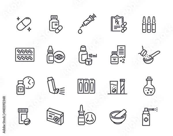 Fototapeta Pharmaceutical dosage line icons set. Simple symbols with pills, tablets, syrup, spray and inhaler for treating diseases. Editable stroke. Outline vector illustration collection isolated on background