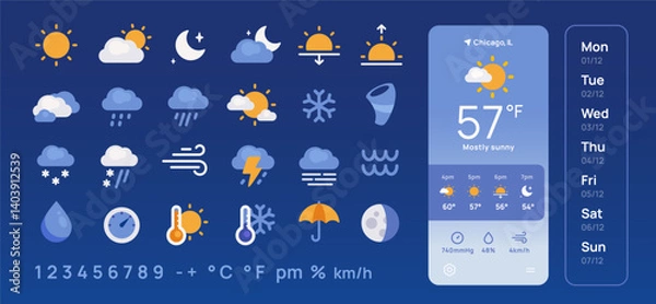 Obraz Weather icon set. Simple colorful icons with meteorological elements, cloud, sun, rain, moon and wind. Design element for app. Flat vector illustration collection isolated on background