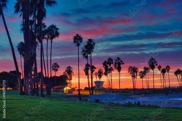 Fototapeta sunset at the beach with palm trees