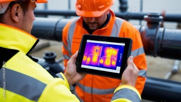 Obraz Predictive Maintenance: Engineer Reviewing Heat Patterns on Tablet