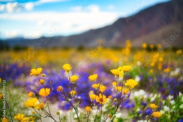Fototapeta desert flowers with blurred mountain