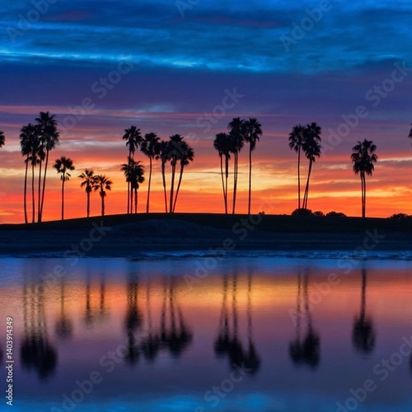 Fototapeta sunset over the bay with palm trees