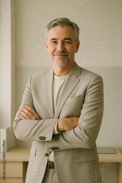 Fototapeta Confident senior business executive standing with arms crossed in modern office. Smiling mature professional manager portrait in beige suit.
