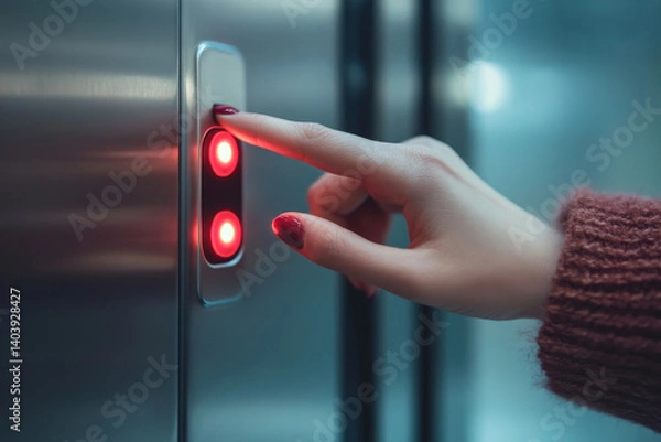 Fototapeta Close-up portrait of female finger pressing elevator button, Generative AI