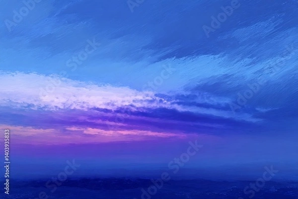 Fototapeta Rothko brush strokes create a serene and peaceful indigo horizon at dusk, where the sky transitions from soft blues to deep indigo and purples. Indigo Horizon. Illustration.
