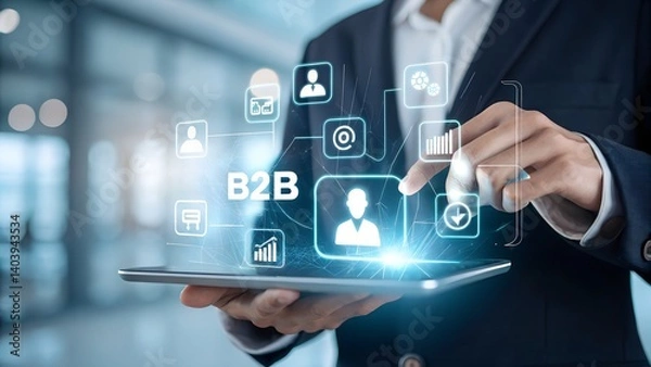 Fototapeta B2B business strategy concept. Businessman working with a B2B virtual interface on a laptop, conceptualizing strategy, partnership, targets in business to business services. E-commerce, B2B Marketing,