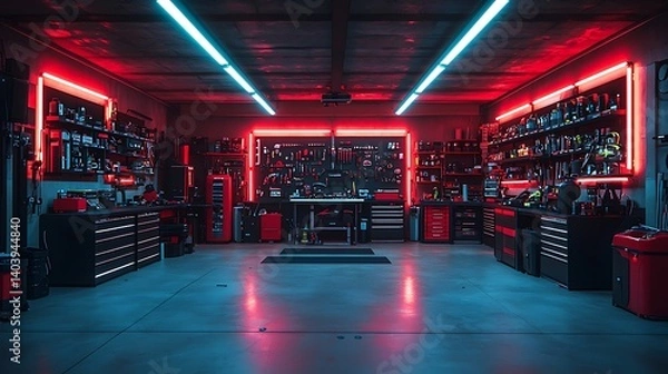 Fototapeta Custom garage interior red lighting high resolution photo