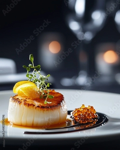 Fototapeta A high-end molecular gastronomy dish featuring sous-vide cooked scallops served with an airy foam of citrus and a caviar-like balsamic reduction.
