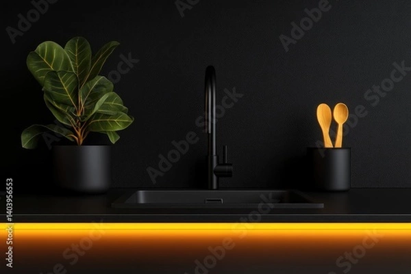 Obraz Modern Black Kitchen Interior with Black Sink, Minimalist Decor, and LED Lighting