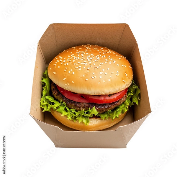 Fototapeta A craft brown eco-friendly burger box made from recycled cardboard on transparent png background. Ai generated
