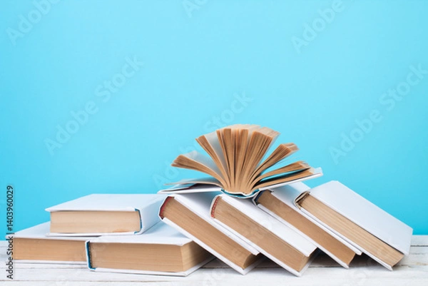 Obraz Open books, hardback colorful books on wooden table. blue background. Back to school. Copy space for text. Education business concept.