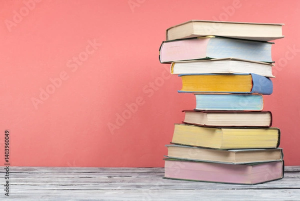 Obraz Open book, hardback colorful books on wooden table, red, pink background. Back to school. Copy space for text. Education business concept.