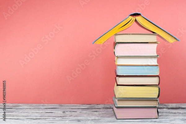 Obraz Open book, hardback colorful books on wooden table, red background. Back to school. Copy space for text. Education business concept.