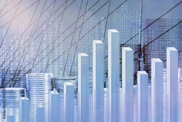 Obraz Double exposure of the city, stock market, graphics, rows of coins.