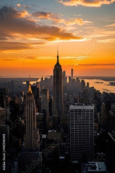 Fototapeta Aerial View of New York City Skyline at Sunset Showing Majestic Buildings in an Orange Sky