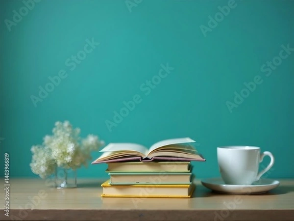 Fototapeta Stack Of Books With Open Pages And White Coffee Cup On Wooden Surface Against Green Wall