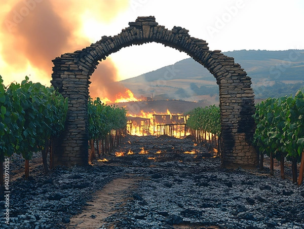 Fototapeta Vineyard fire through stone arch