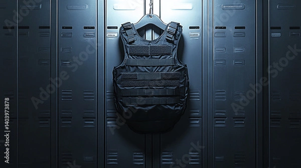 Fototapeta A sleek, black tactical vest hangs centered on a set of lockers. The image evokes themes of preparedness, law enforcement, or military readiness.